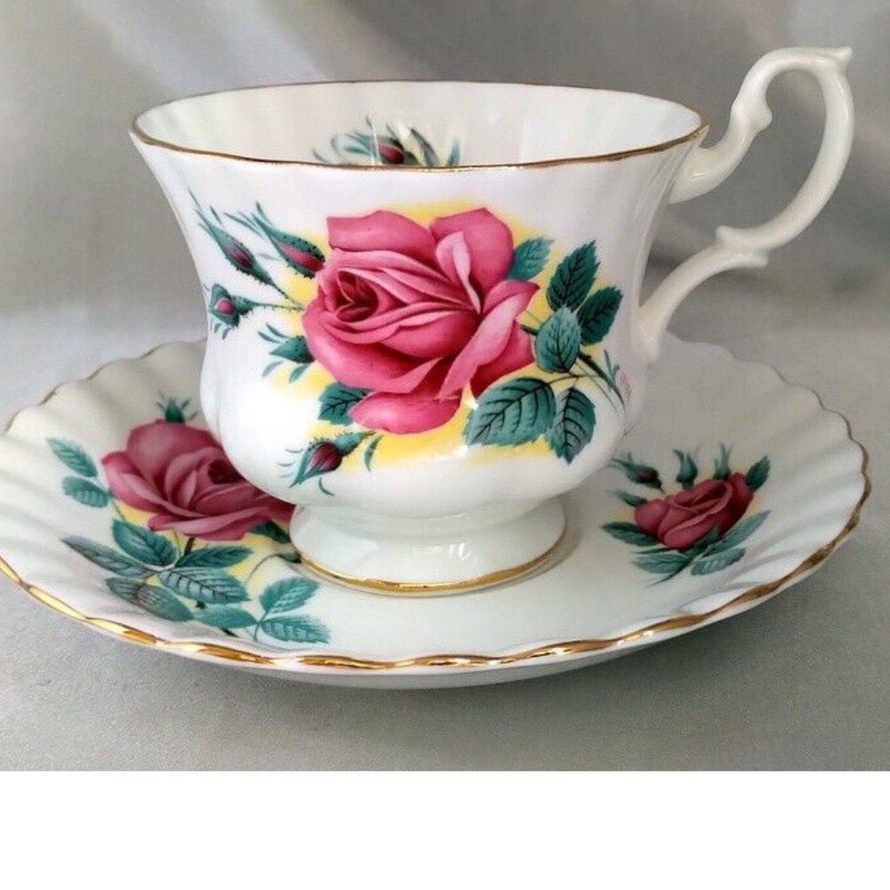 Royal Albert Elegant White Bone China teacup, and saucer pink rose vintage